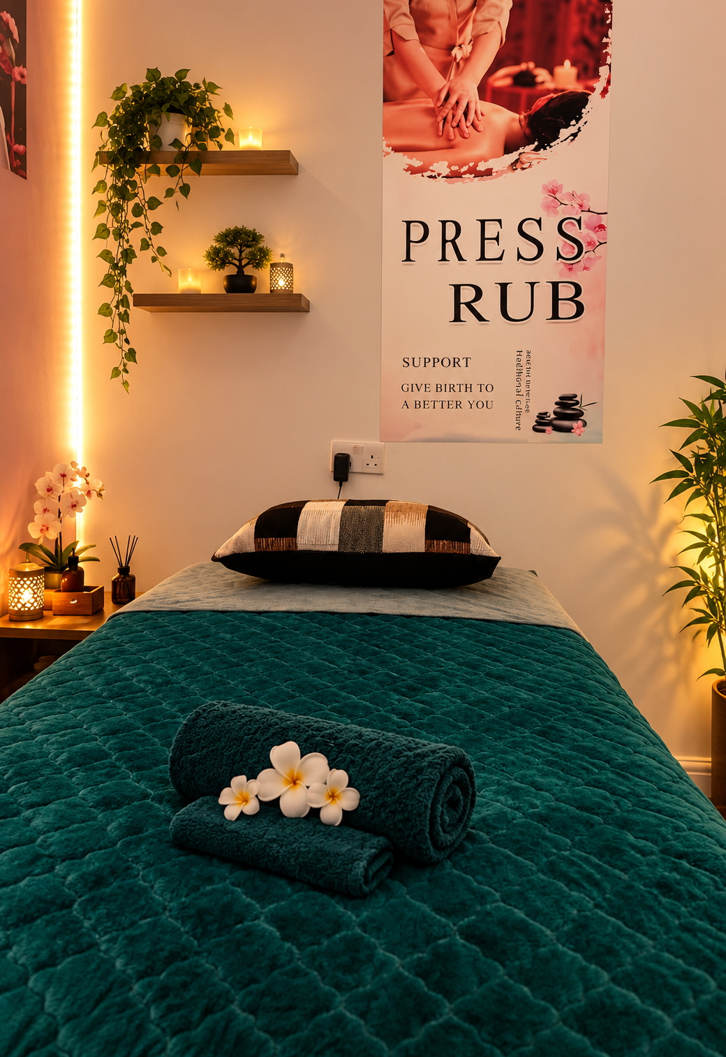 Massage bed in a warm treatment room