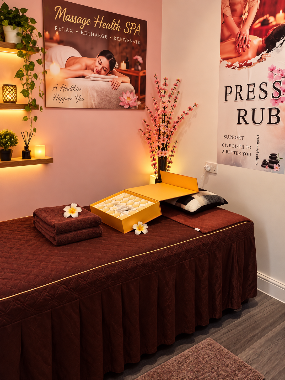 Professional therapy room with massage bed